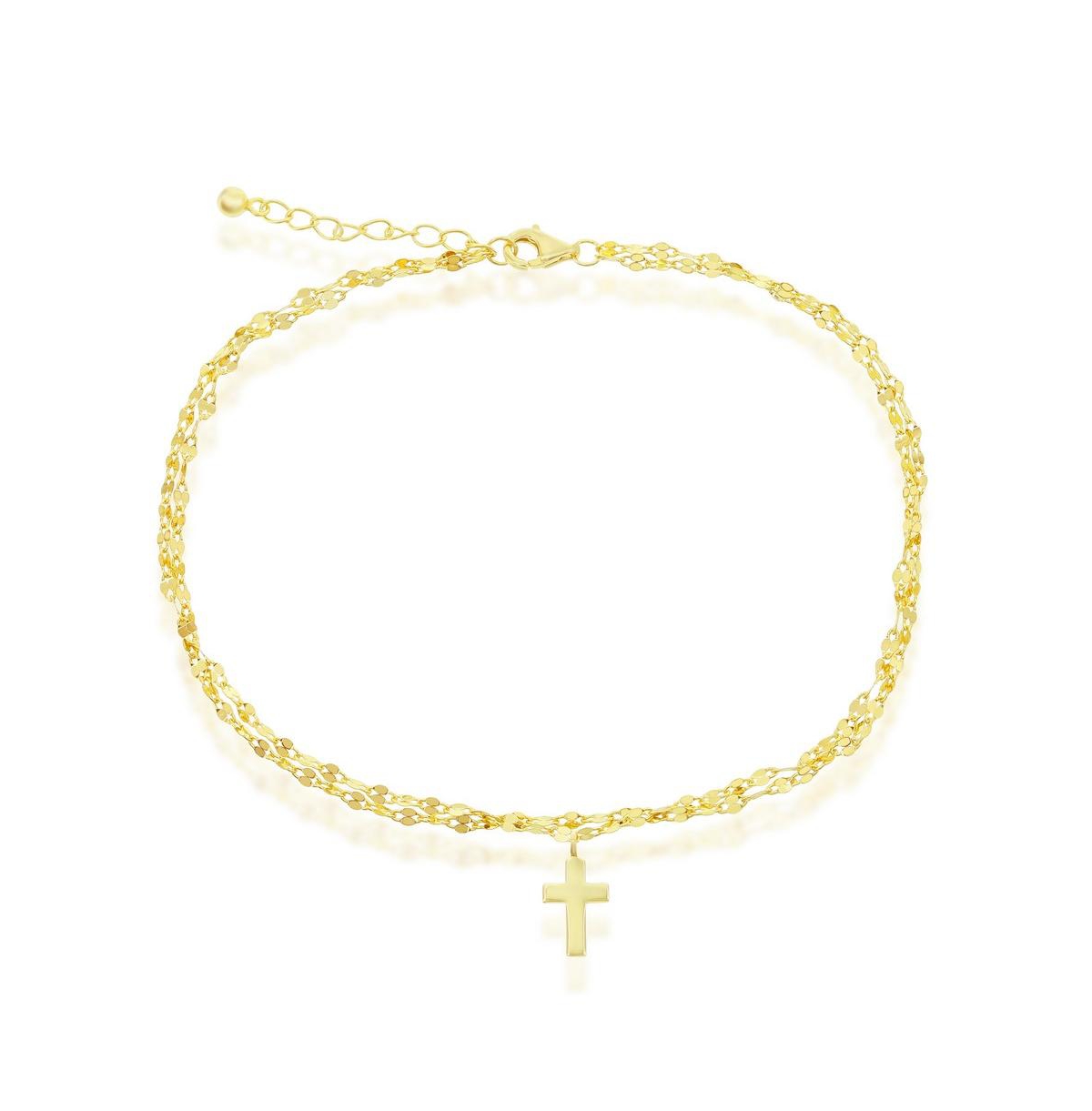 Sterling Silver Double Strand Mirror Chain w/ Cross Anklet - Gold