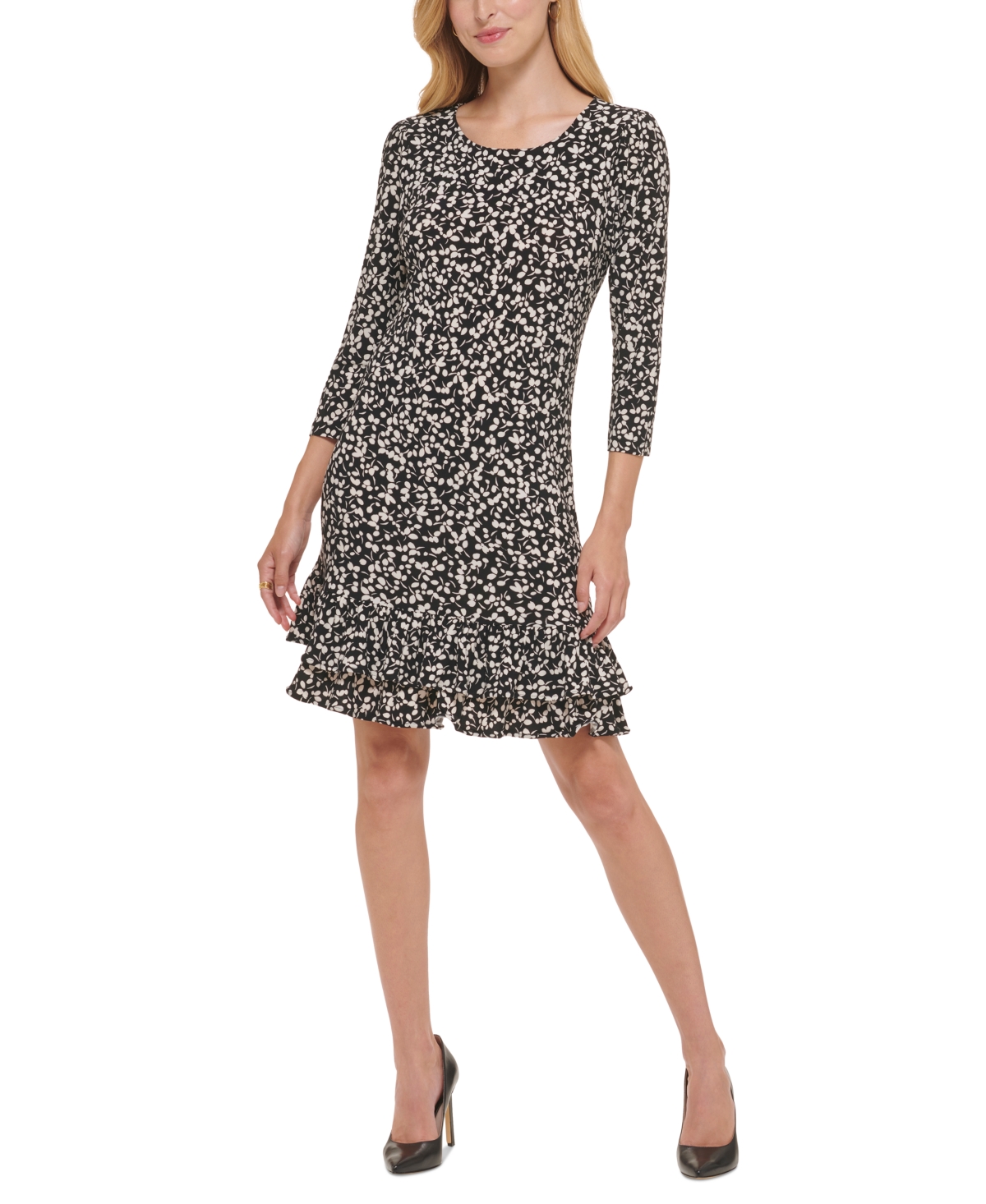 Tommy Hilfiger Petite Floral-print Ruffled Shift Dress In Black/white