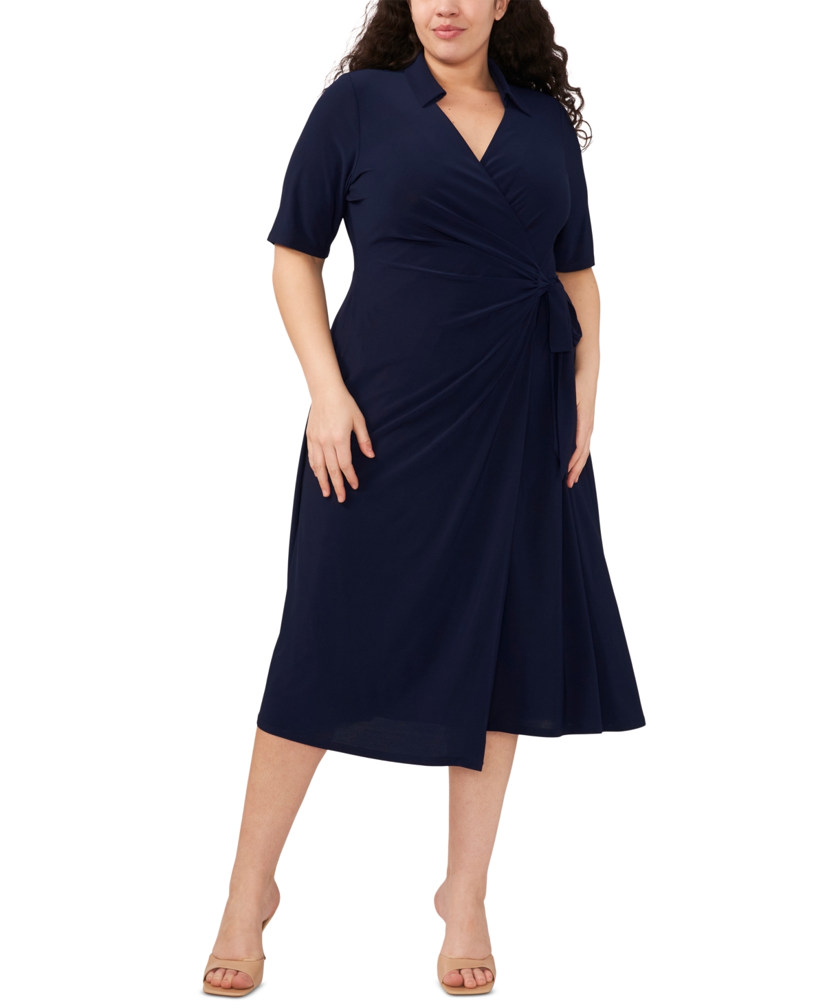 Msk Plus Size Collared Wrap Dress In Navy