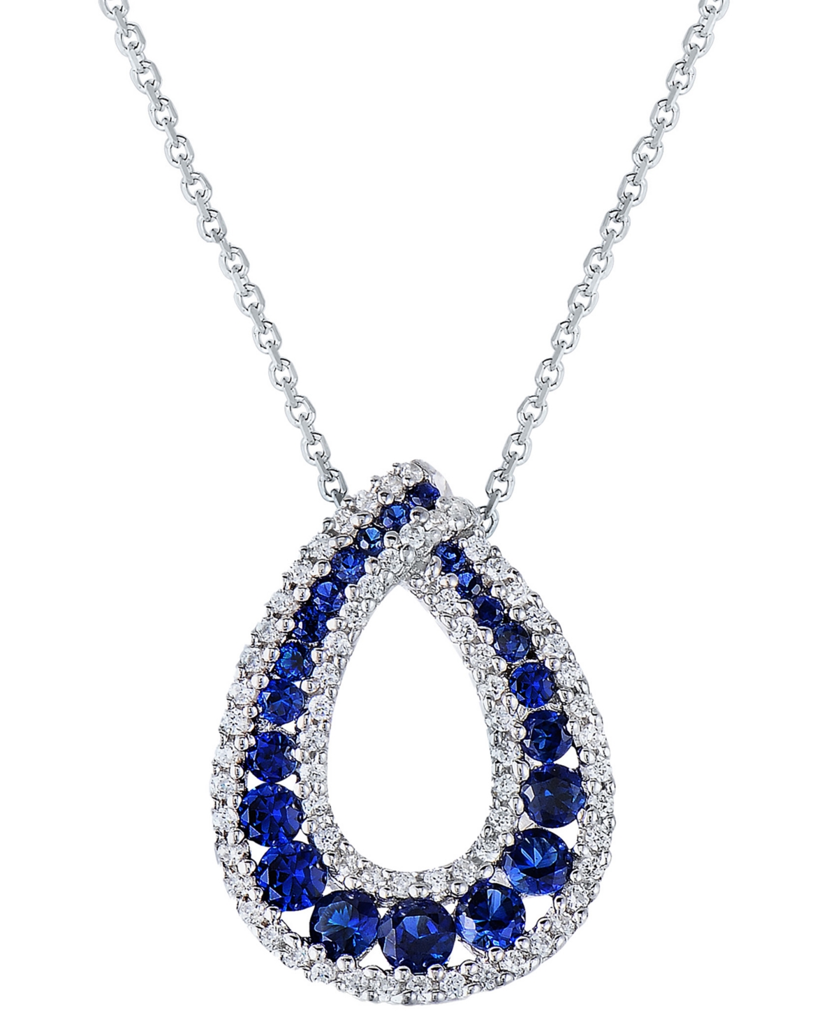 Macy's Lab-grown Sapphire (1-1/2 Ct. T.w.) & Cubic Zirconia Teardrop 18" Pendant Necklace In Sterling Silve