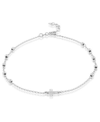 Sterling Silver Diamond Cut Beads & Small Center Cross Anklet