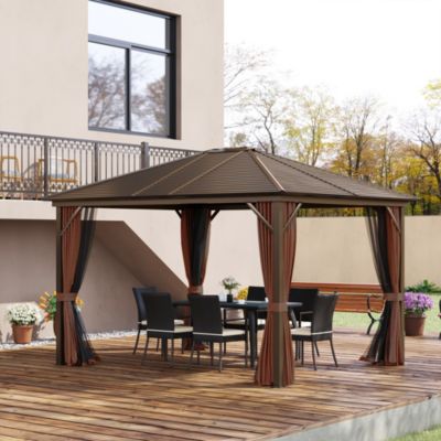 10'x12' Hardtop Gazebo, Mesh, Curtains, Steel Slat Canopy,