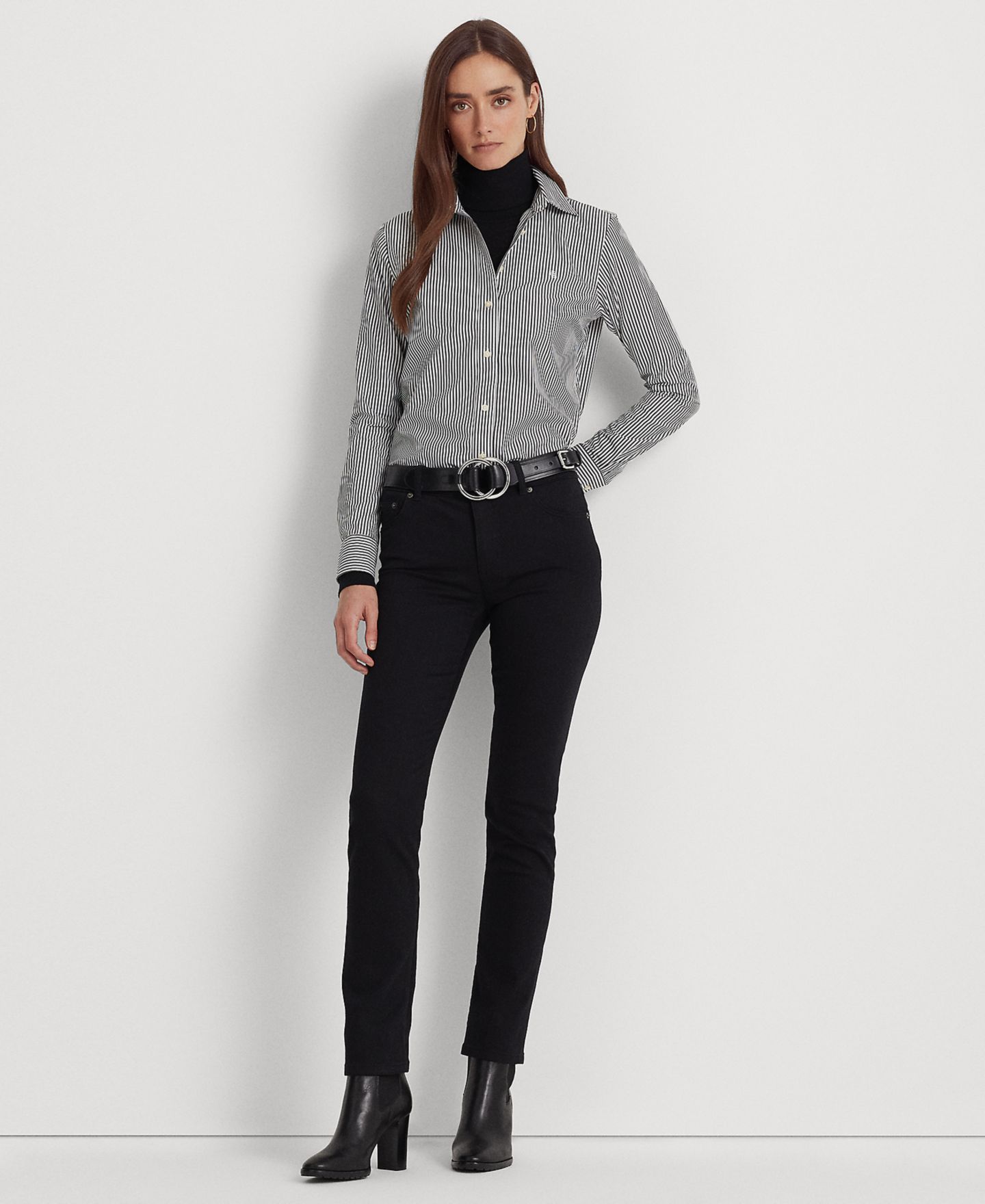Женская рубашка Lauren Ralph Lauren Petite Non-Iron Straight-Fit, цвет: Чёрный / Белый — фото 4