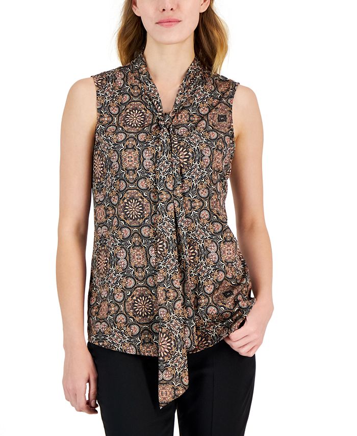 Tahari ASL Women's Printed TieNeck Sleeveless Top Macy's