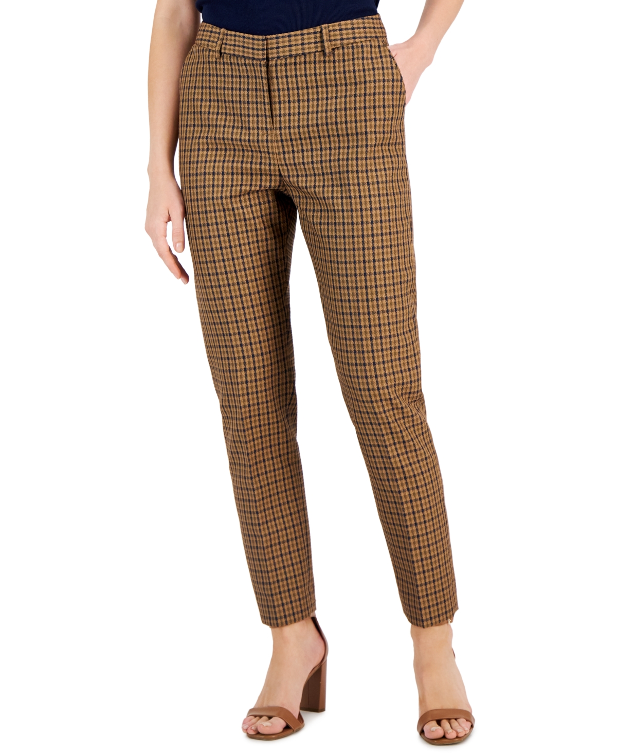 Camel Houndstooth Check Leggings, Trousers