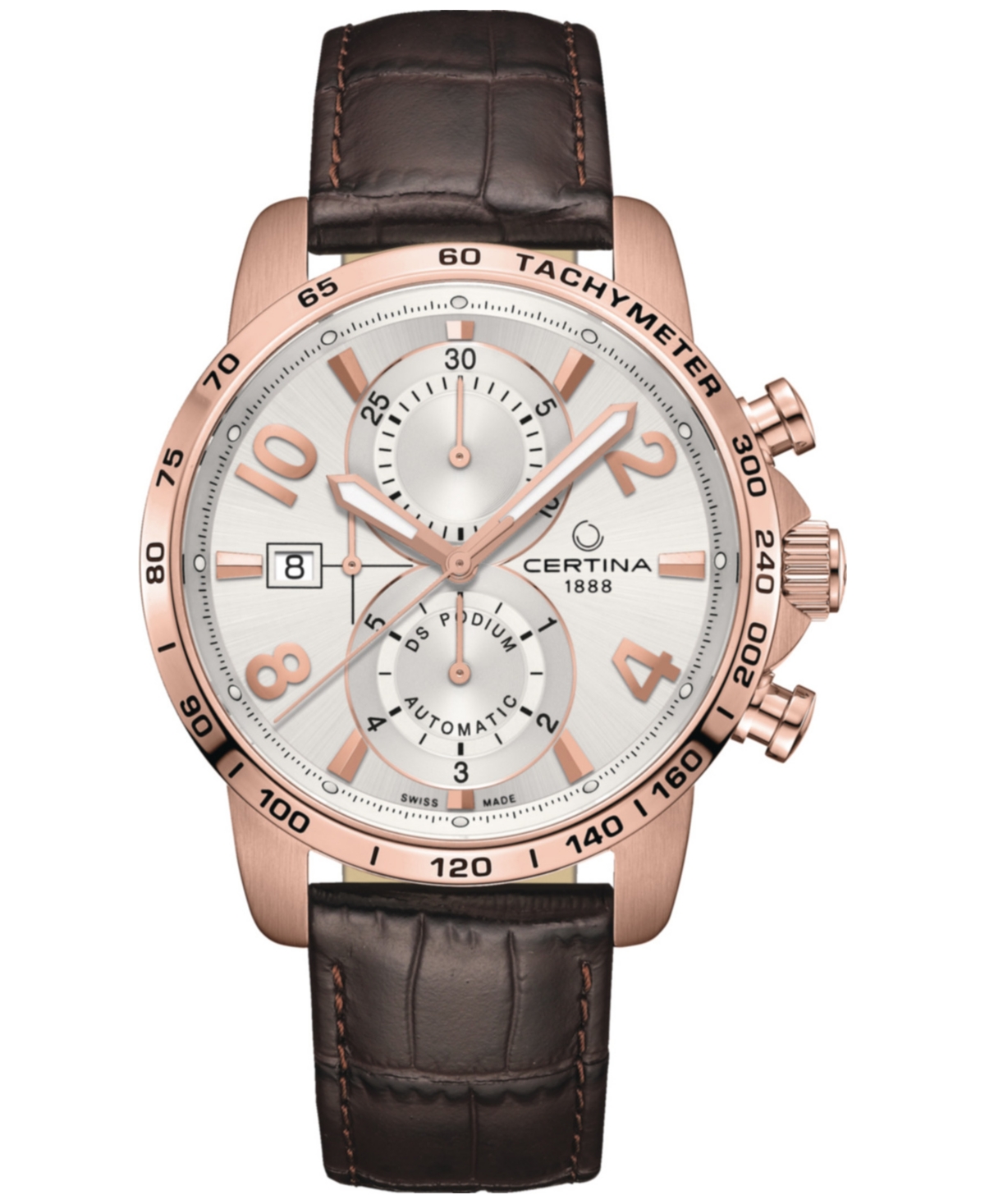 Certina Men's Swiss Automatic Chronograph Ds Podium Brown Leather Strap Watch 44mm In Grey