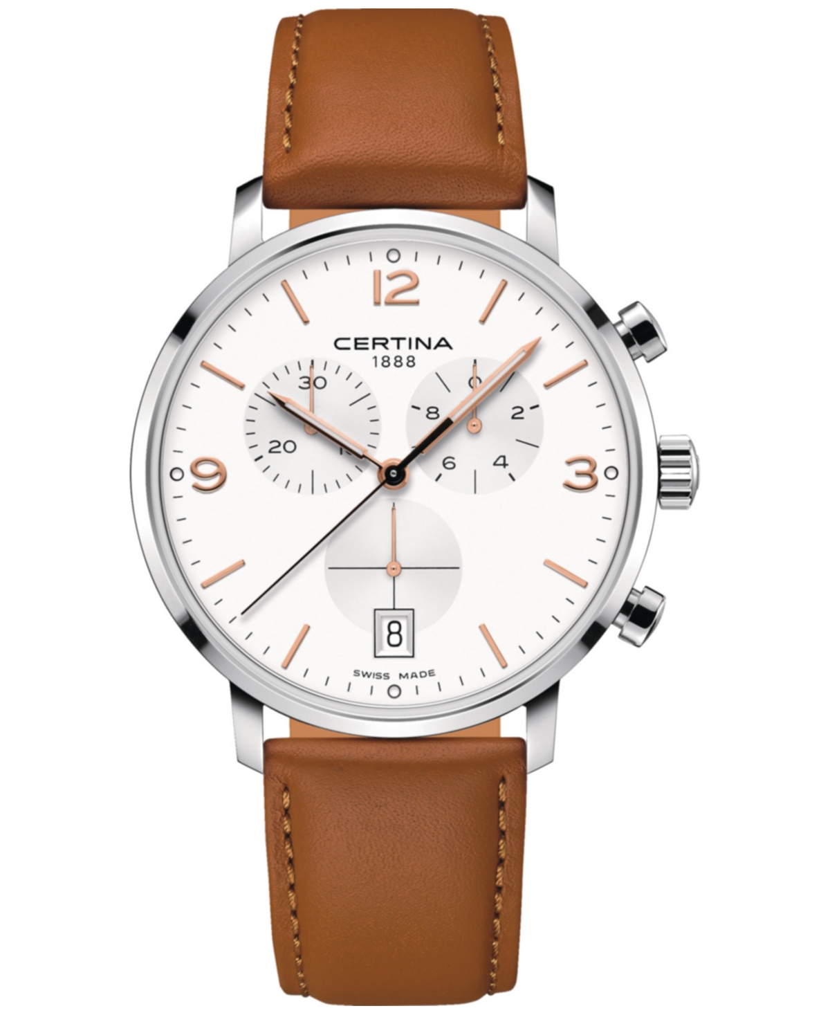 Certina Men's Swiss Chronograph Ds Caimano Brown Leather Strap Watch 42mm In White