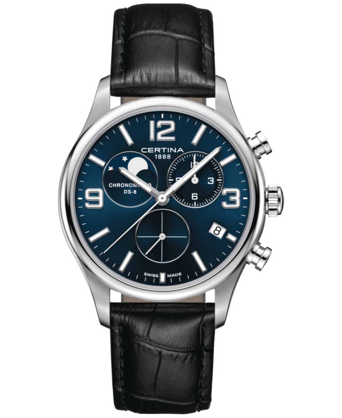 Certina Men's Swiss Chronograph Ds-8 Moon Phase Black Leather Strap Watch 42mm In Blue