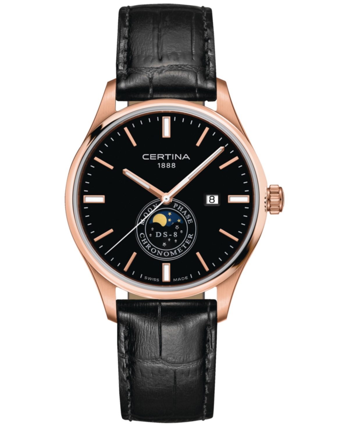 Certina Men's Swiss Ds-8 Moon Phase Black Leather Strap Watch 41mm