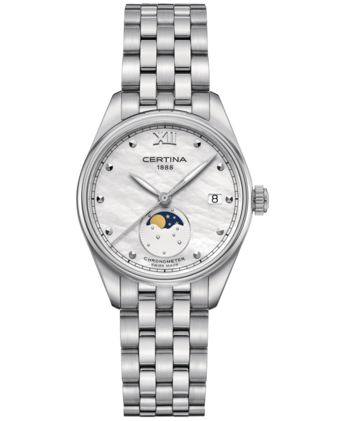Certina Women's Swiss Ds-8 Moon Phase Stainless Steel Bracelet Watch 33mm In Mother Of Pearl