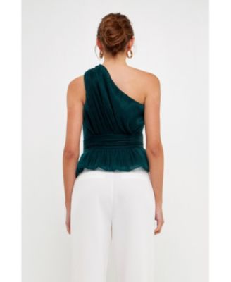 Women's One Shoulder Shirred Tulle Top