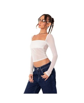 Women's Long Sleeve Square Neck Mesh Top