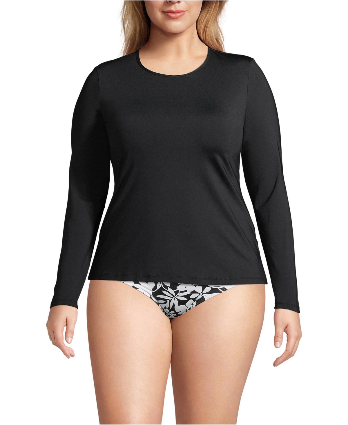 Lands' End Plus Size Crew Neck Long Sleeve Rash Guard Upf 50 Swim Tee