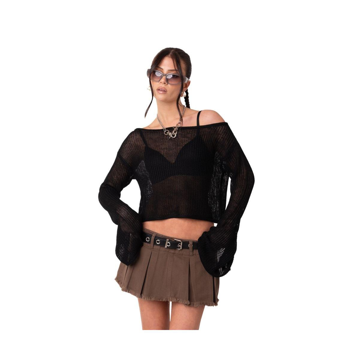 Edikted Emmie Off The Shoulder Sheer Sweater In Black