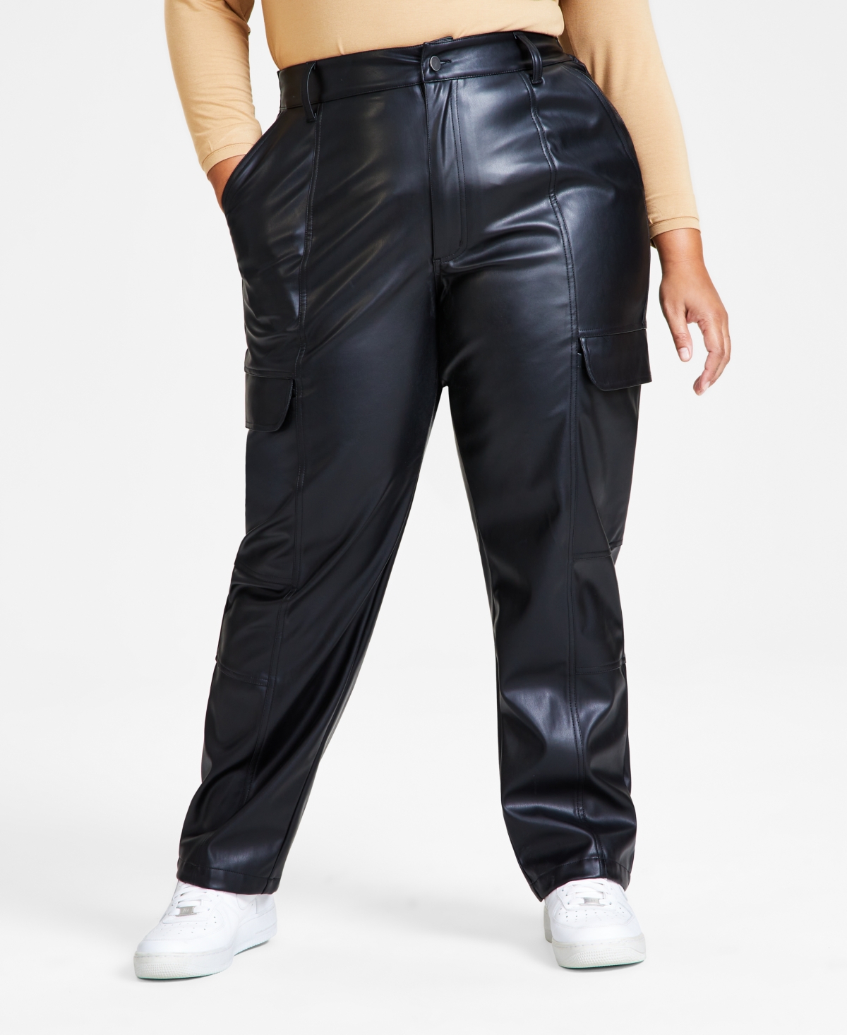 Bar Iii Plus Size High-rise Faux-leather Cargo Pants, Created For Macy's In Deep Black