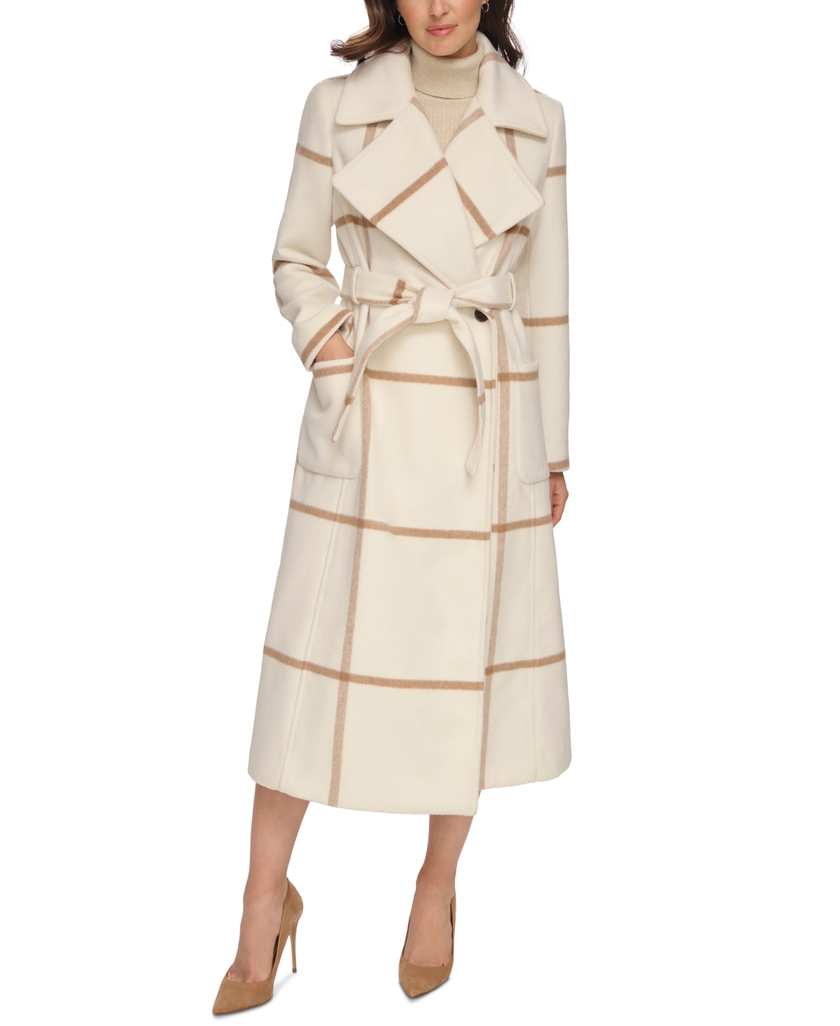 Dkny Women's Plaid Maxi Wool Blend Coat In White Combo
