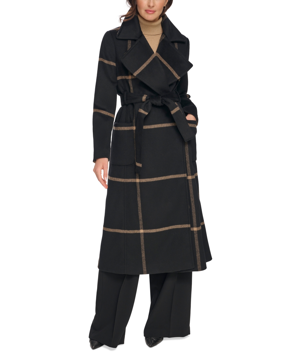 Dkny Women's Plaid Maxi Wool Blend Coat In Window Black Camel