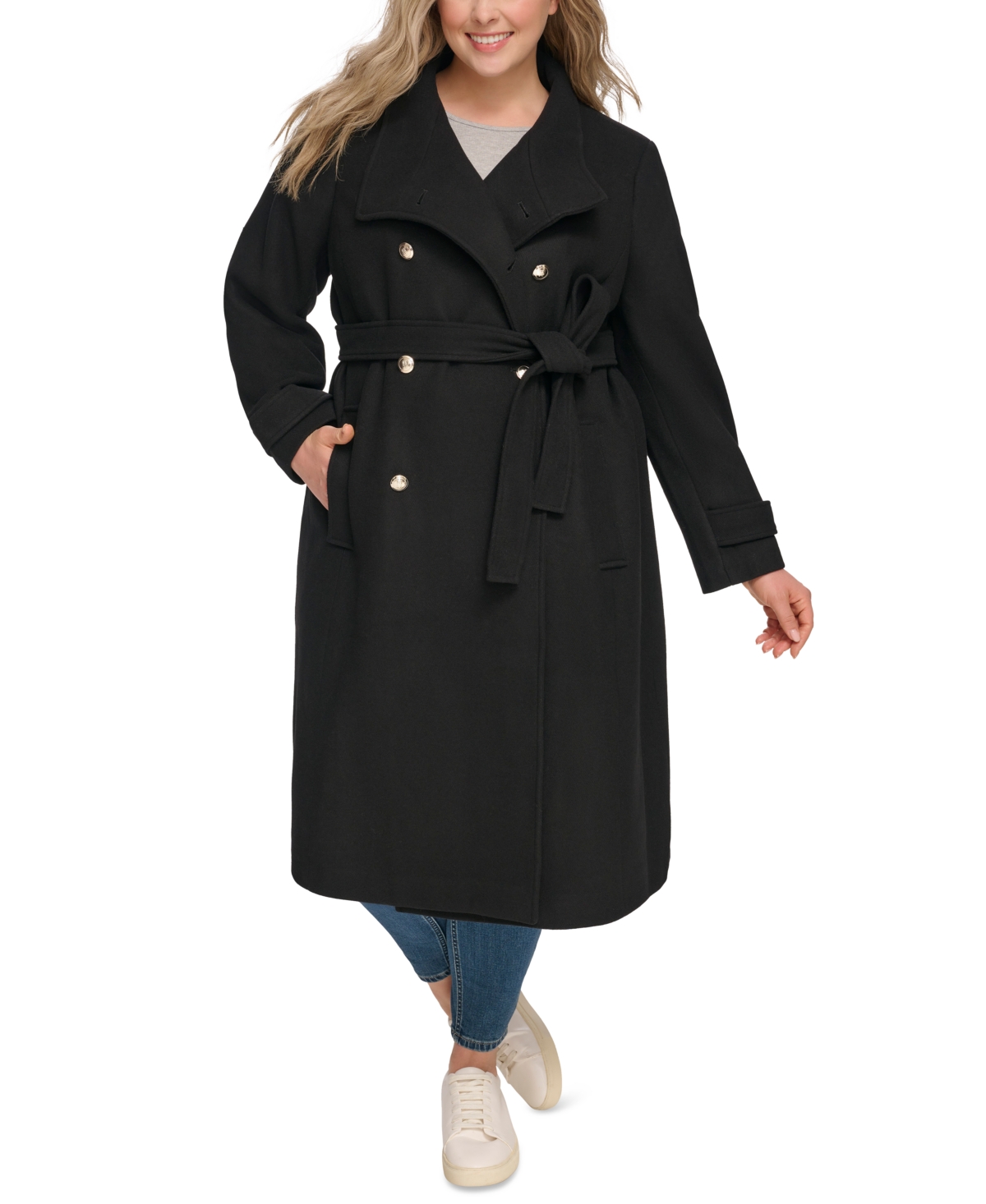 Dkny Women's Plus Size Double-breasted Belted Coat In Black
