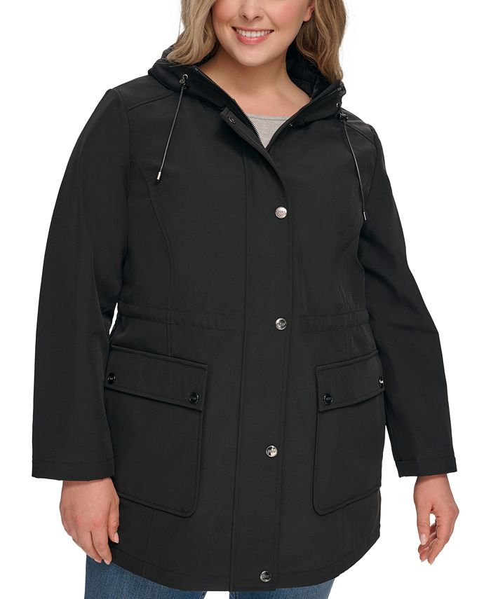 DKNY Women s Plus Size Drawstring Hood Snap Front Anorak Raincoat