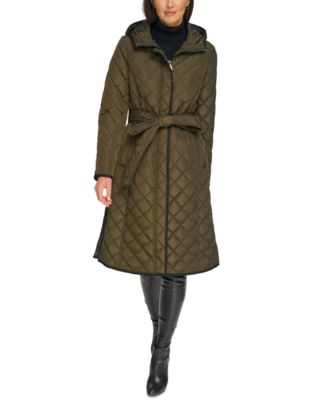 DKNY - Petite Hooded Belted Quilted Coat