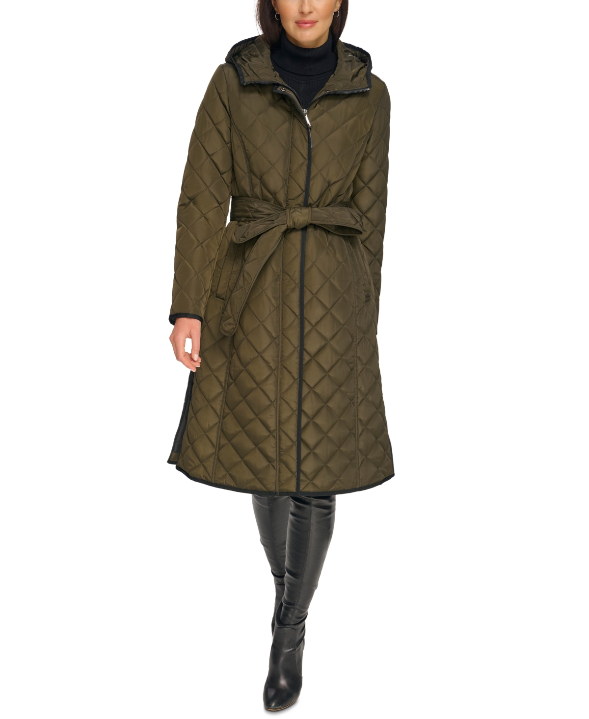 Dkny Petite Hooded Belted Quilted Coat In Loden
