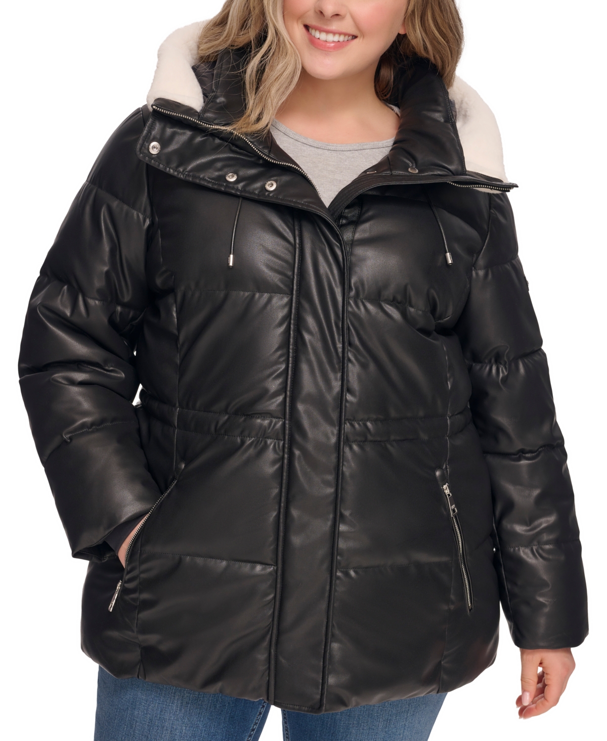 Women's Plus Size Faux-Leather Faux-Shearling Hooded Anorak Puffer Coat - Black