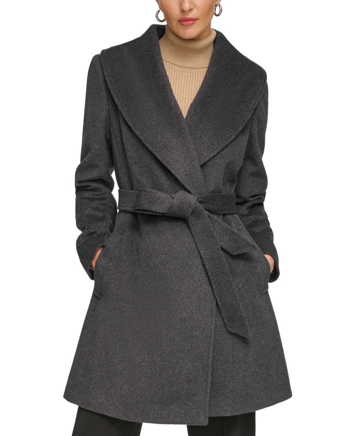 Dkny Women's Shawl-collar Wool Blend Wrap Coat In Medium Grey