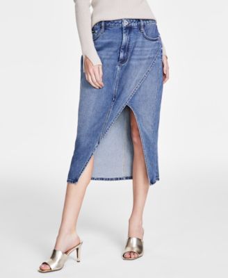 DKNY Jeans - Womens Asymmetrical-Slit Cotton Denim Skirt
