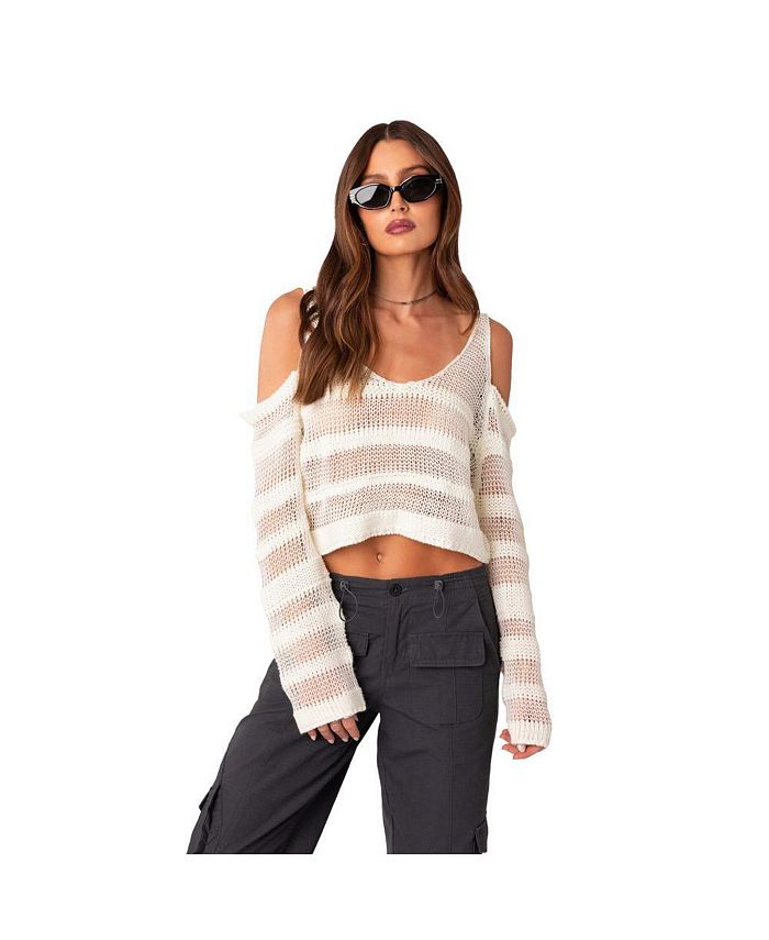 Edikted Women's Open Knit Texture Sweater With Shoulder Cutouts - Macy's