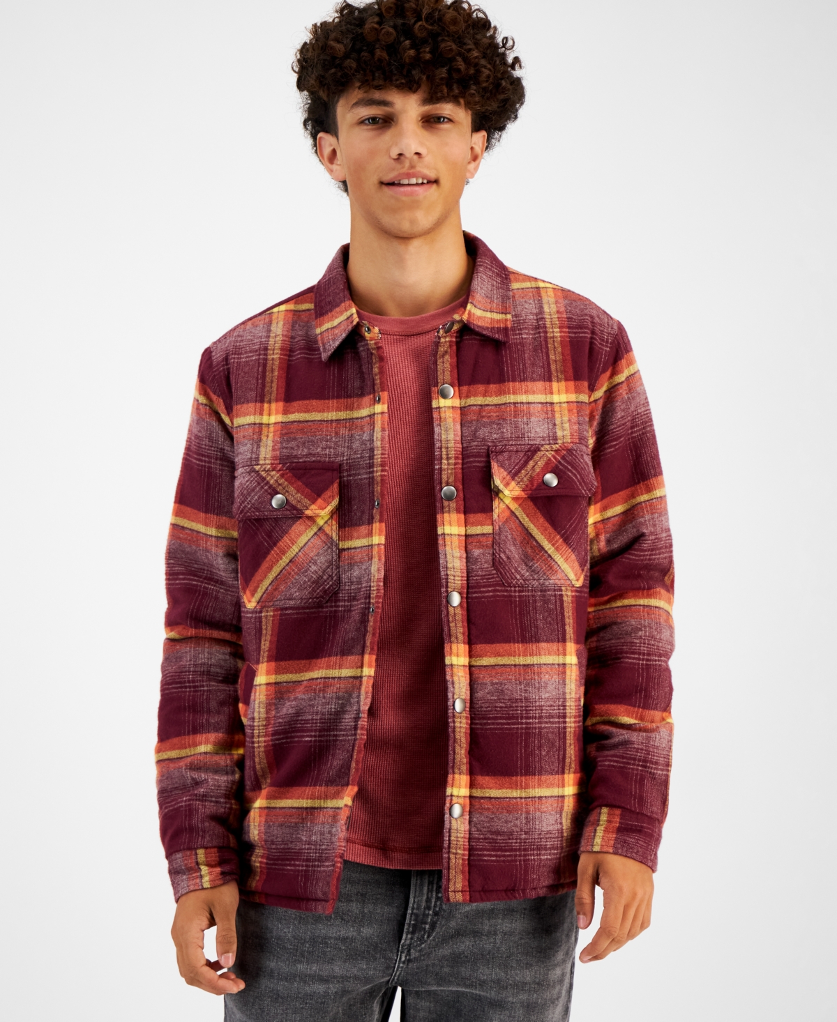 Sun + Stone Men's Jacob Plaid Shirt Jacket, Created For Macy's In Dark Scarlet