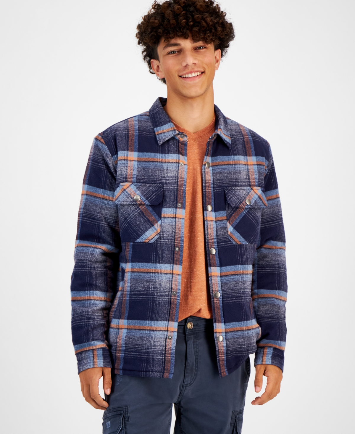 Sun + Stone Men's Jacob Plaid Shirt Jacket, Created For Macy's In Navy Suit