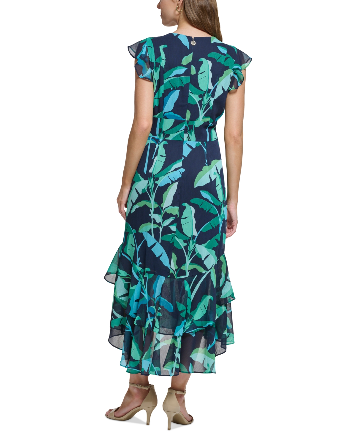 Shop Tommy Hilfiger Women's Printed Flutter-sleeve Ruffled High-low Midi Dress In Skycpt,prd