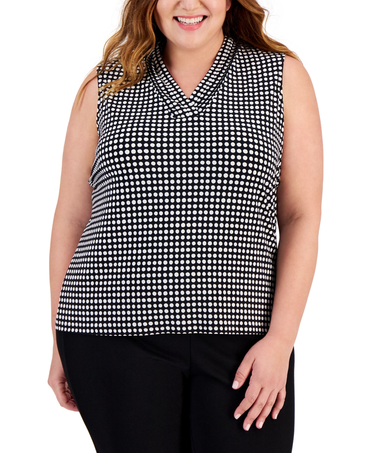 Anne Klein Plus Size Printed Triple-pleat V-neck Top In Multi