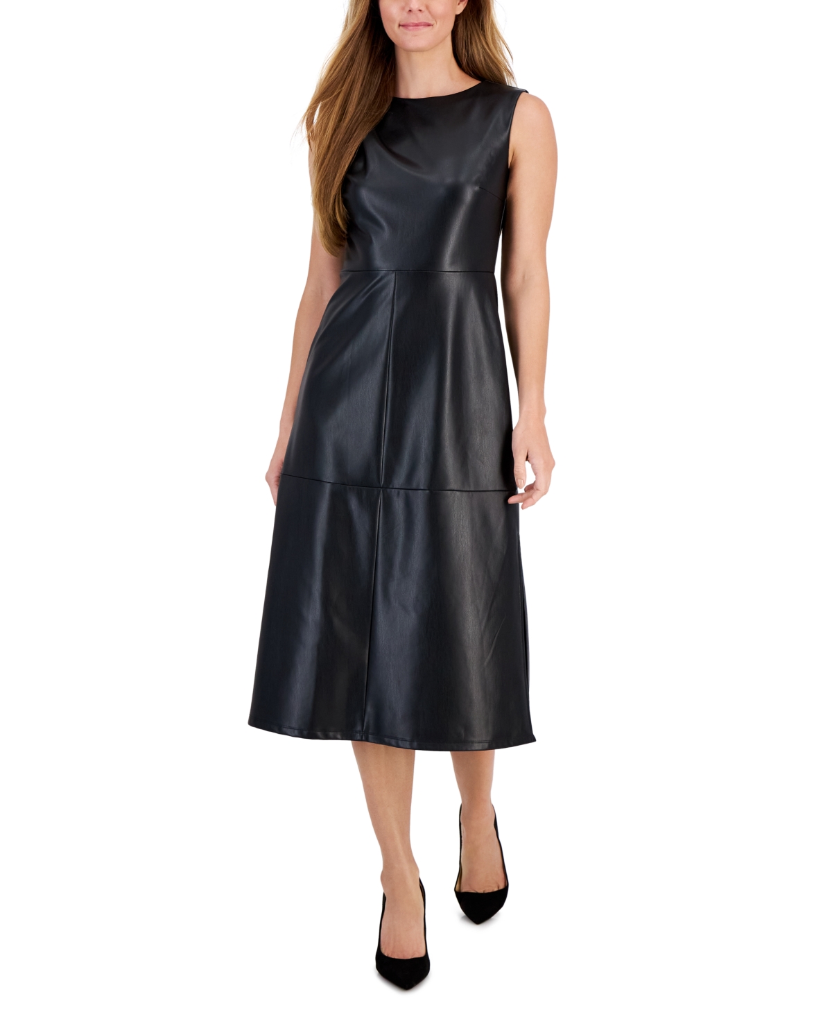 Anne Klein Shirred Shoulder Faux Leather Dress In Black | ModeSens