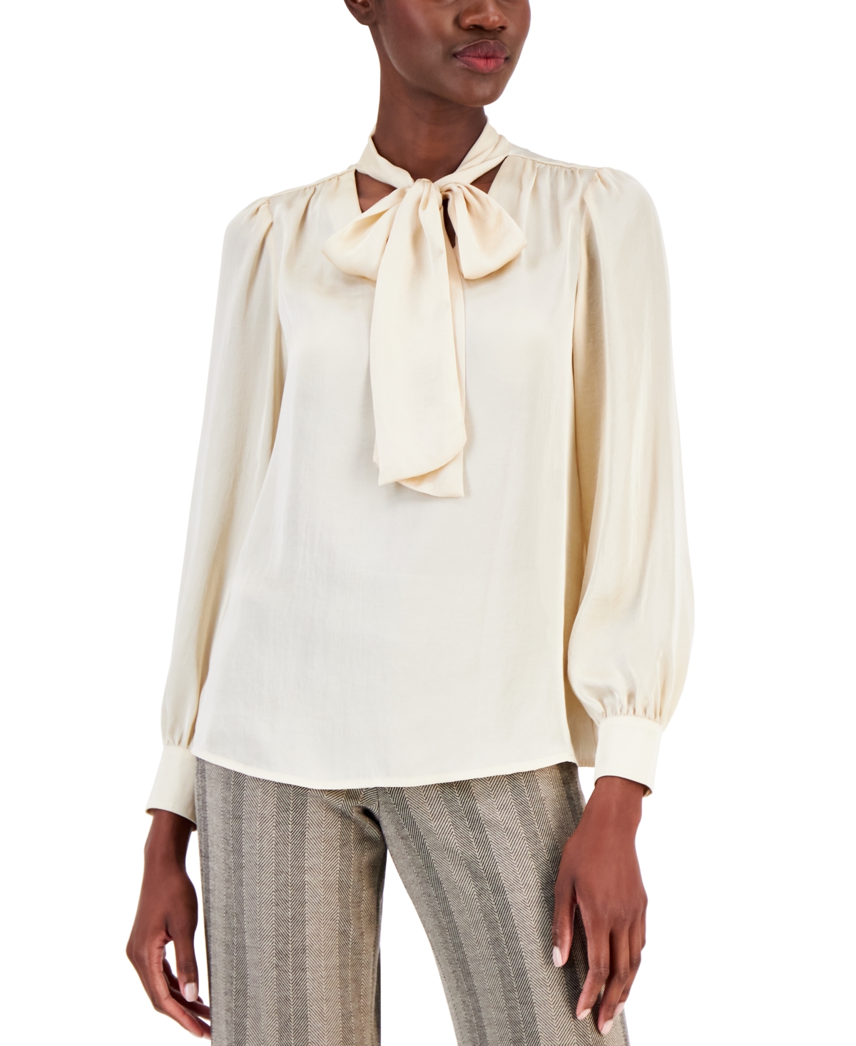 Shop Anne Klein Petite Long Sleeve Tie Neck Blouse With Cuff In Crema
