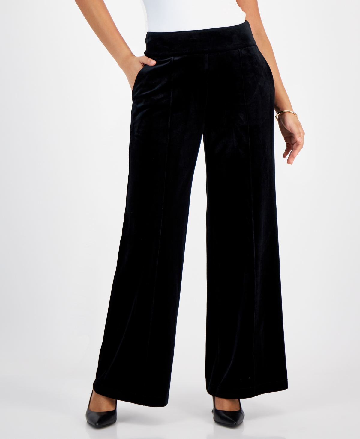 Inc International Concepts Petite Velvet High-rise Wide-leg Pants, Created For Macy's In Deep Black