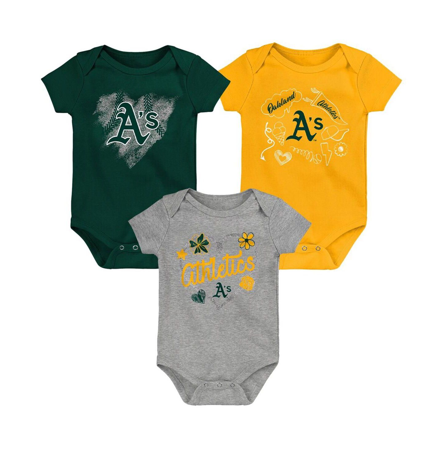 Outerstuff Infant Boys and Girls Green, Gold, Gray Oakland Athletics Batter Up 3-Pack Bodysuit Set — фото 1