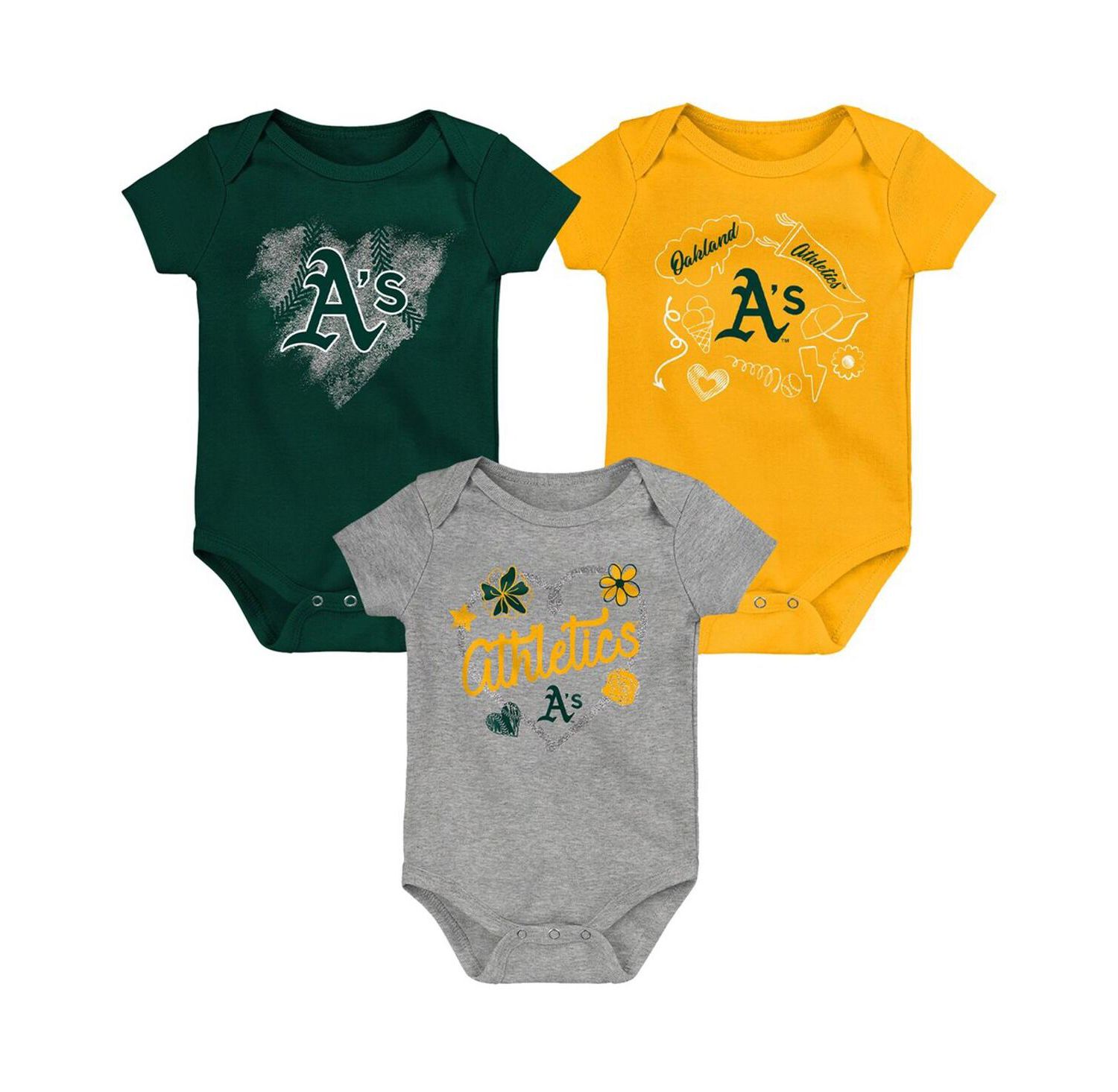 Infant Boys and Girls Green, Gold, Gray Oakland Athletics Batter Up 3-Pack Bodysuit Set