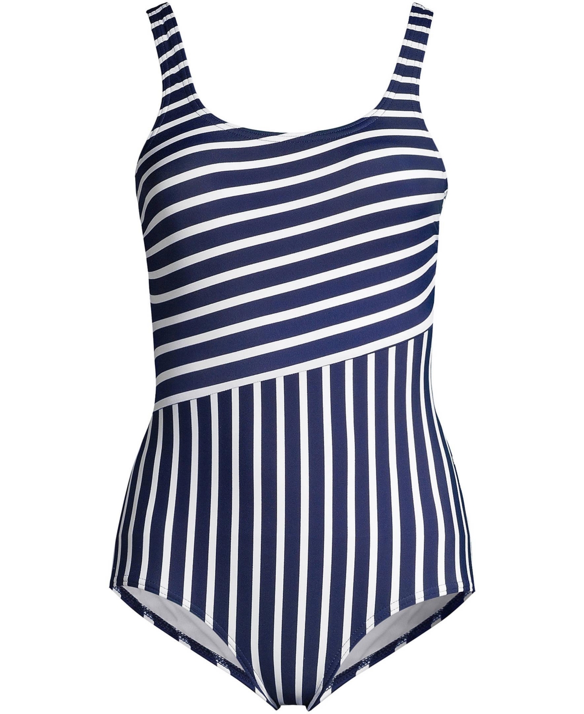 Lands' End Petite Chlorine Resistant Soft Cup Tugless Sporty One Piece Swimsuit -white media stripe