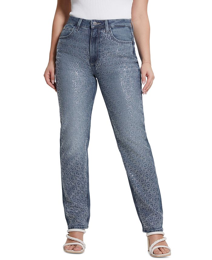 GUESS Women's High-Rise Rhinestone Mom Jeans - Macy's