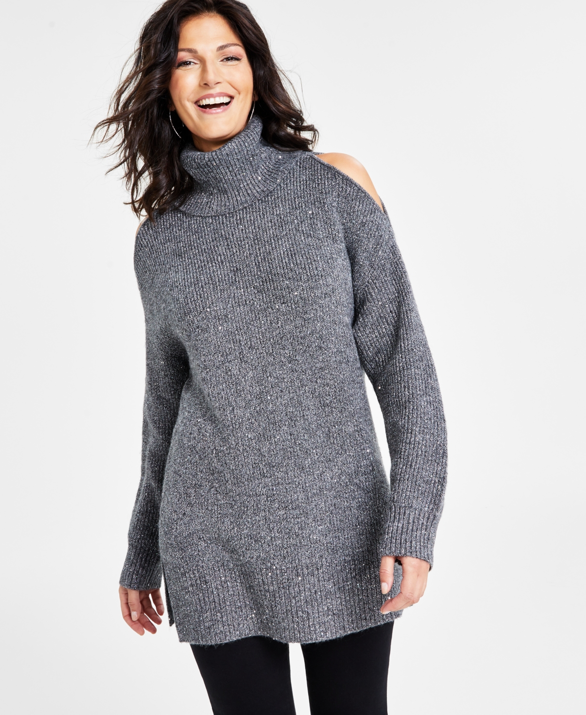 Inc International Concepts Women's Cold-shoulder Turtleneck Sweater, Created For Macy's In Medium Heather Grey