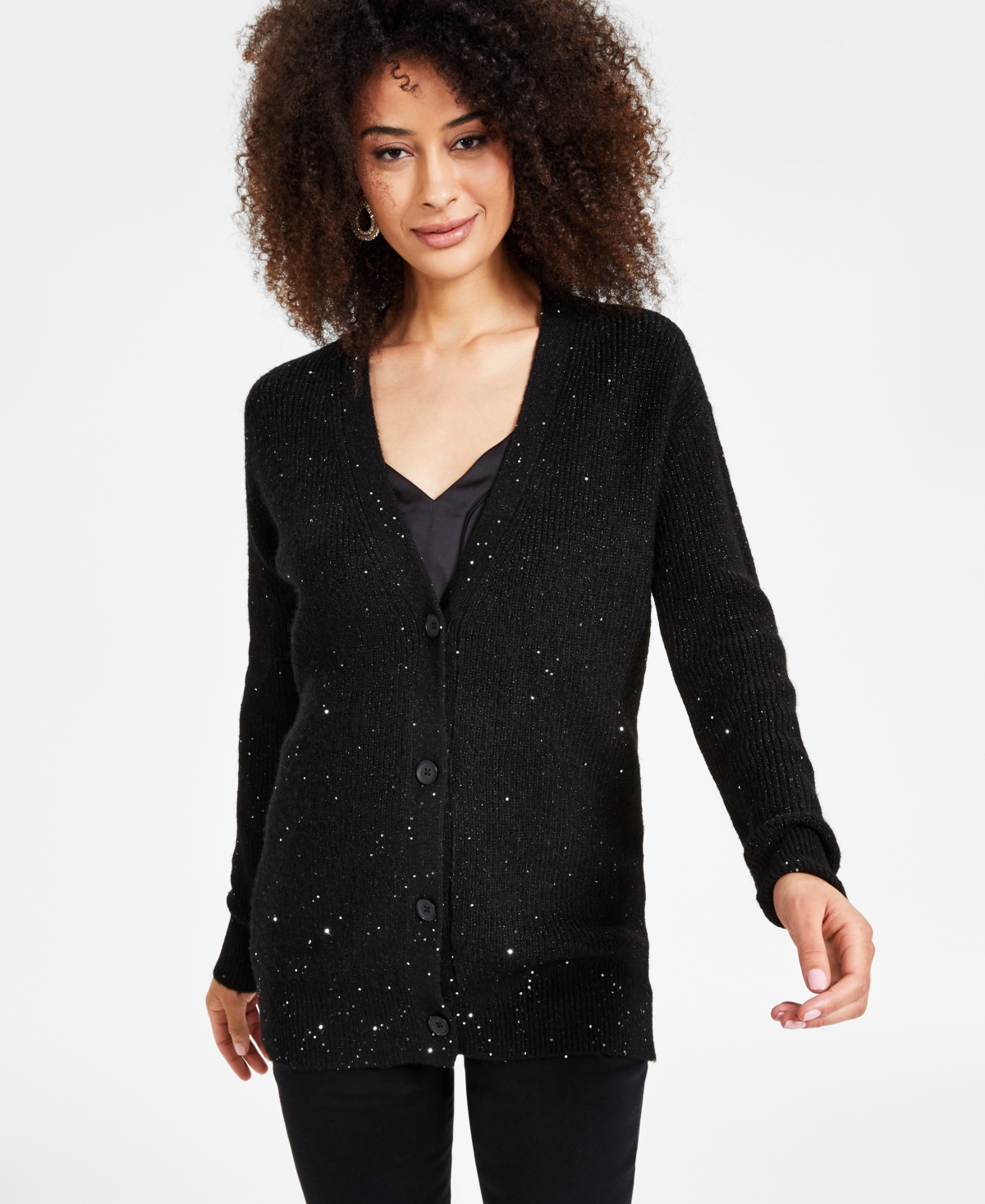 Inc International Concepts Women's Sequined Cardigan, Created For Macy's In Black With Silver