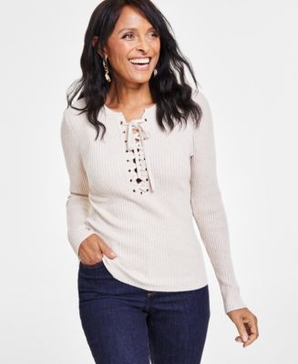 I.N.C. International Concepts Women's Lace-Up Ribbed Sweater, Created for  Macy's - Macy's