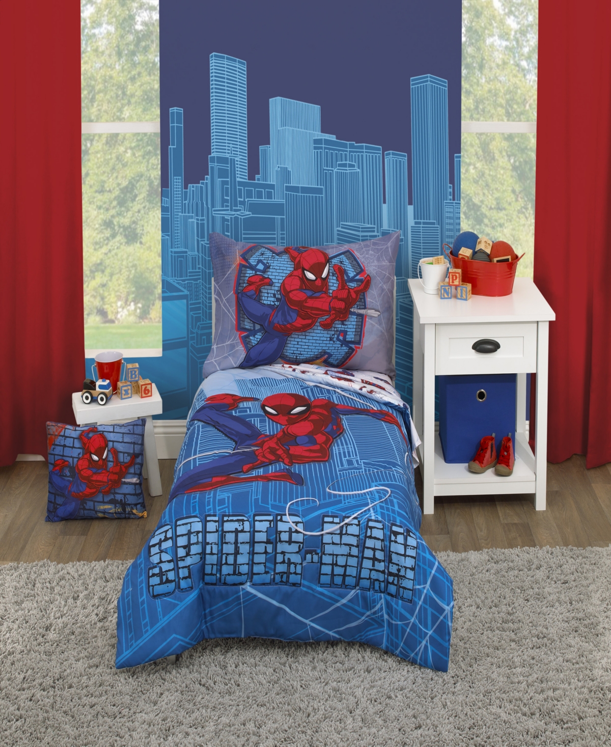 Marvel Spiderman Wall Crawler 4 Piece Toddler Set Bedding In Blue