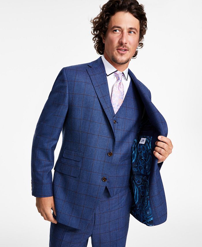 Tayion Collection Men's ClassicFit Stretch Navy Windowpane Suit