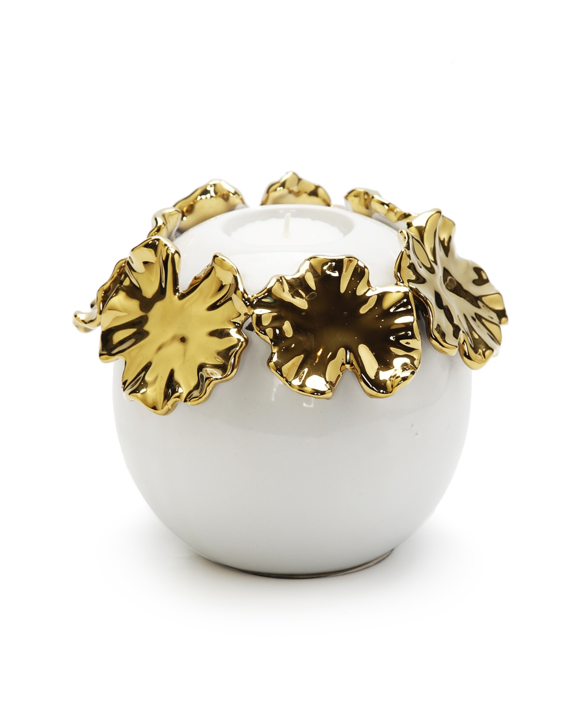 Vivience White Ceramic Candle Holder Gold-tone Flower Design