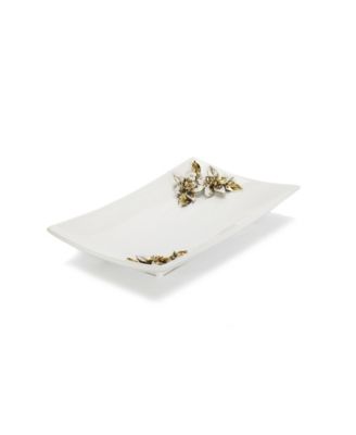 Porcelain Tray with Gold-Tone and White Flower on Handles