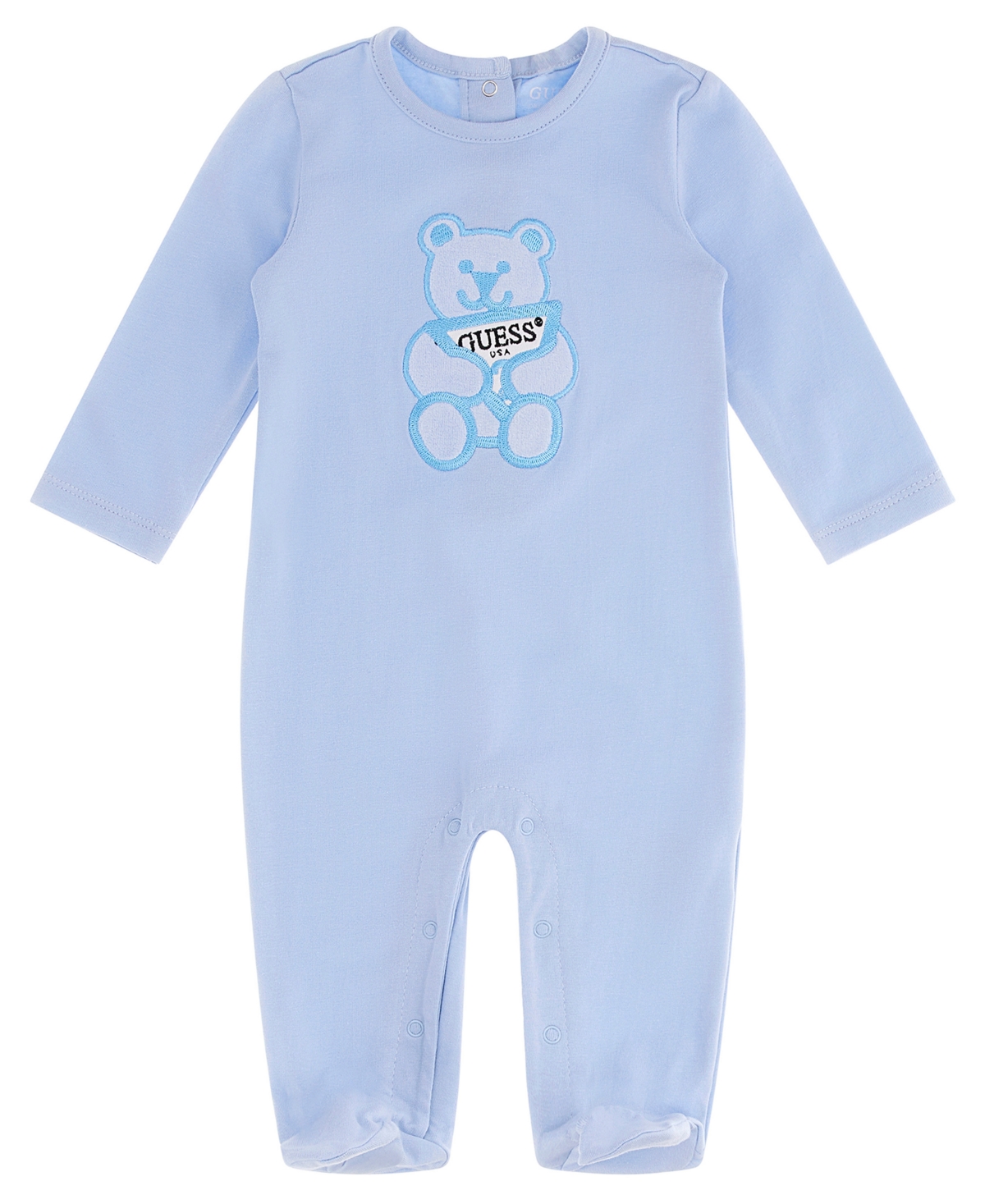 Guess Baby Boys Or Baby Girls Stretch Jersey Footed One Piece With Embroidered Bear Triangle Logo In Blue