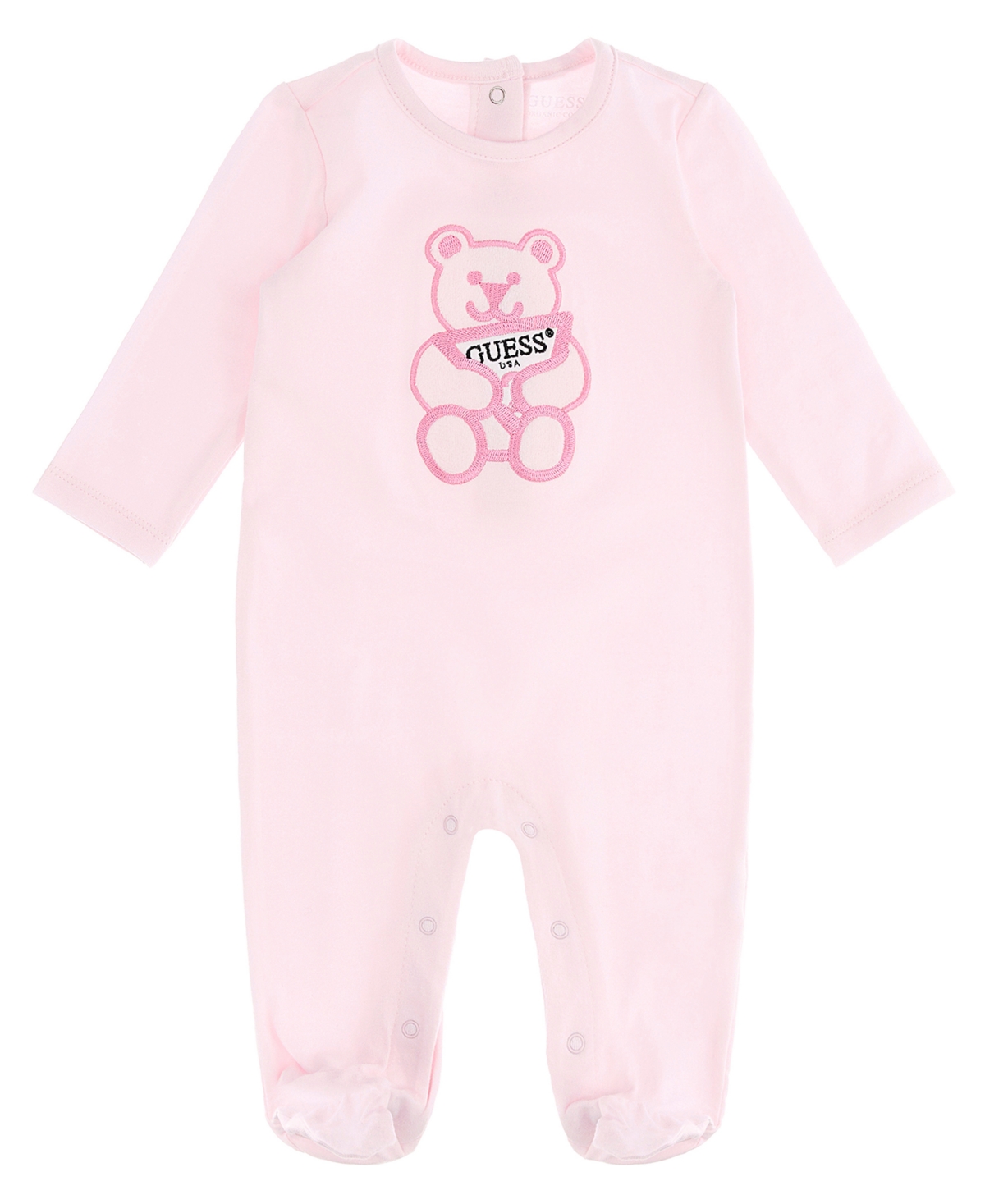 Guess Baby Girls Stretch Jersey Footed One Piece With Embroidered Bear Triangle Logo In Pink