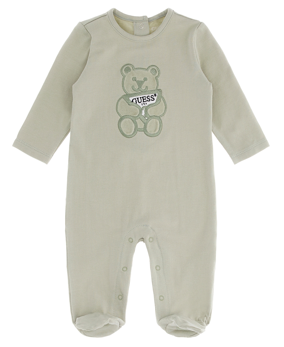 Guess Baby Boys Or Baby Girls Stretch Jersey Footed One Piece With Embroidered Bear Triangle Logo In Green